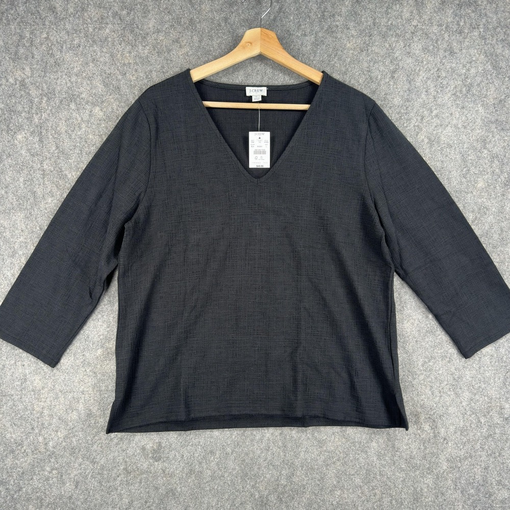 J.Crew Blouse Womens Large Black Textured V Neck 3/4 Sleeve Stretch Top